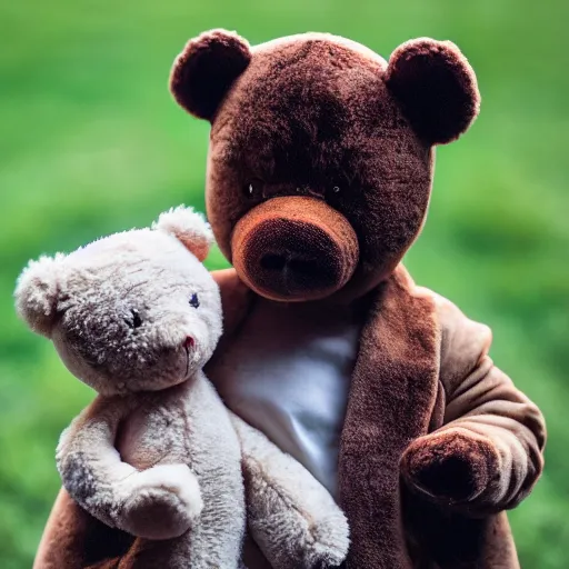 Image similar to cinematic photograph of a baby version of Kanye West with a anthropomorphic teddy bear, close up, portrait, album cover, shallow depth of field, 40mm lens, gritty, textures