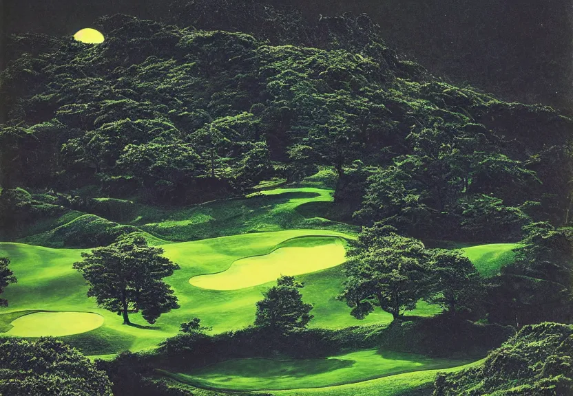 Image similar to birds eye view of a perfect elysian dreamlike green hilly pastoral psychedelic golf course landscape with stone walls under cosmic stars, cherished trees, memory trapped in eternal time, golden hour, dark sky, evening starlight, eerie moonlight, stone walls, haunted vintage psychedelic polaroid by hiroshi yoshida