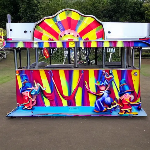 Image similar to dancing laughing clowns, fairground airbrush art on fairground equipment