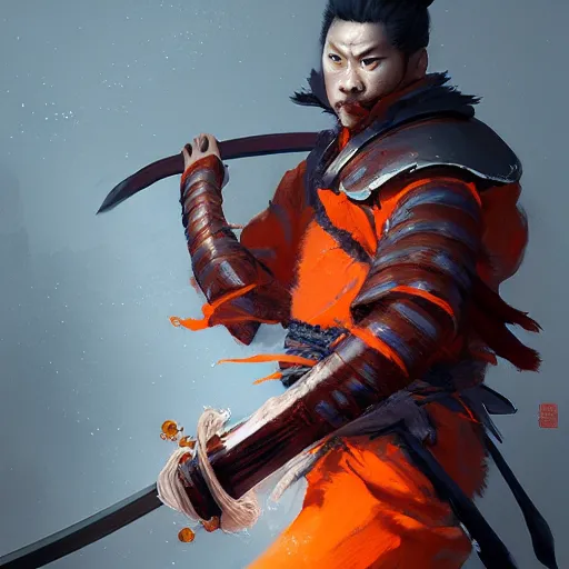 Image similar to commission portrait of a orange wolf dressed as a samurai holding a katana,dramatic,character design by charles bowater,greg rutkowski,ross tran,hyperdetailed,hyperrealistic,4k,deviantart,artstation,professional photography,concept art