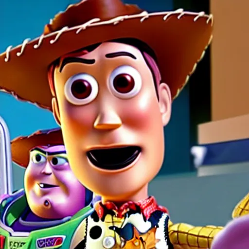 Prompt: In Toy story 3, andy davis finds out woody is alive