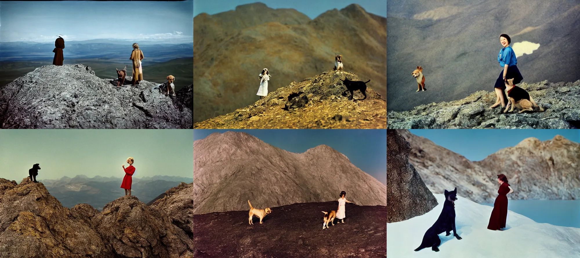 Prompt: flickr contest winner a colorized photo a woman standing on top of a mountain next to a dog 1960 photo taken with ektachrome photo taken with provia provia by Scarlett Hooft Graafland synthetism