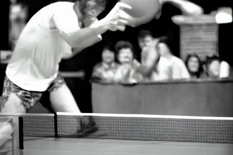 Image similar to very sweaty man playing ping pong, cookbook photo, in 1 9 9 5, y 2 k cybercore, industrial low - light photography, still from a ridley scott movie