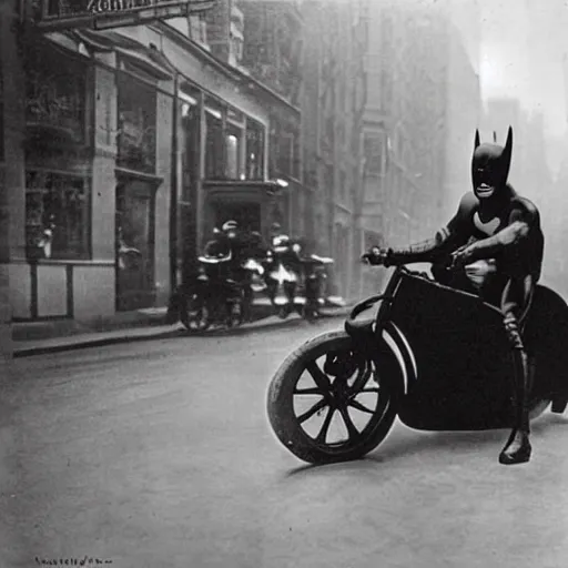 Image similar to old black and white photo, 1 9 1 3, depicting batman on a motorcycle from dark knight racing through the bustling streets of new york city, rule of thirds, three - point perspective, historical record