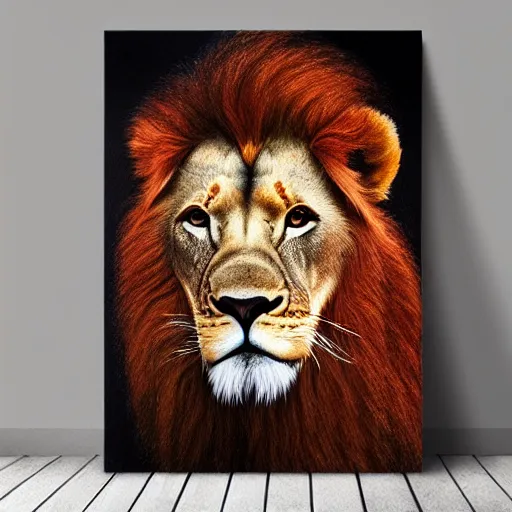 Image similar to lion with red spots above eyes, portrait, canvas texture, painting