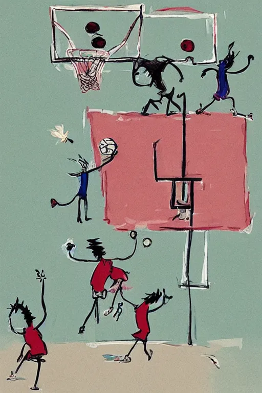 Prompt: elephants playing basketball by quentin blake