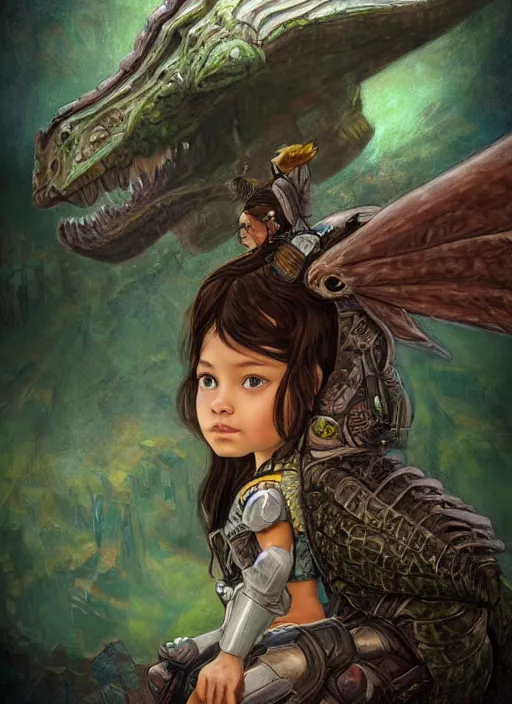 Image similar to portrait of a little cyborg warrior girl character sitting on top of a giant armored dinosaur bird with huge wings flying in space, epic character with dark skin and beautiful green eyes. the girl has a very beautiful detailed symmetrical face, long black hair. diffuse night light, dramatic landscape, fantasy illustration, matte painting by mucha