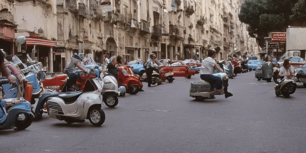 Prompt: movie in the 7 0 s, grease, disco, vespa motorcicles, fiat uno, in the city of genova still image. cinematic. color grading.