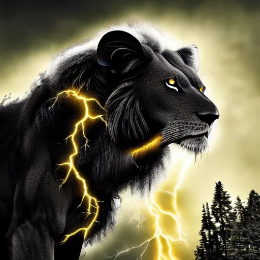 Image similar to epic photography of black lion with gold lightnings in the fur surrounded by ancient trees, colossal scale, photorealistic, high details, intricate by Evgeniy Antonenkov