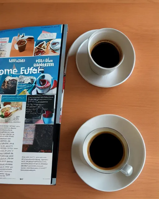 Prompt: a full view of a table with a magazine opened to a page with 'a picture of a coffee cup' clay sculpture, magazine, zoomed out, zoomed out, zoomed out