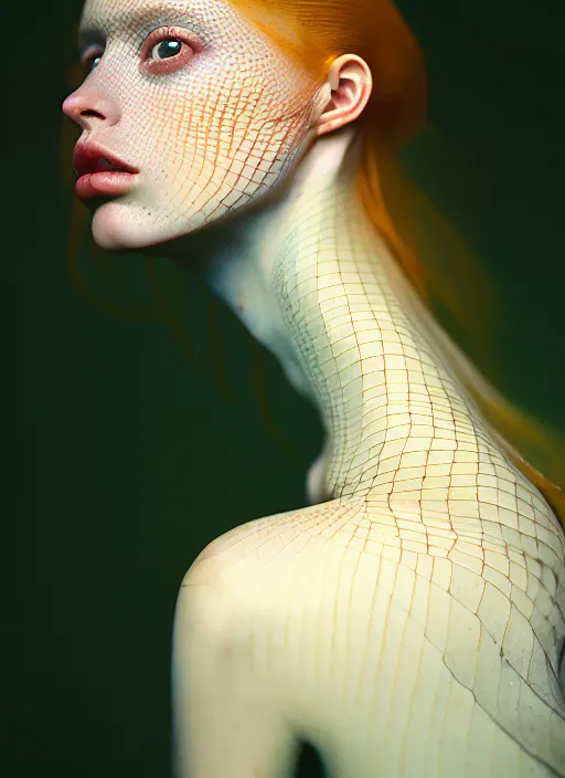 Prompt: cinestill 5 0 d portrait shot of a beautiful woman metamorph mantis in style of tim walker by roberto ferri realistic render, 8 k, micro detail, translucent body intricate detailed, 1 5 0 mm lens, f 1. 4, sharp focus, ethereal, emotionally evoking, head in focus, bokeh volumetric lighting, tonal colors outdoor