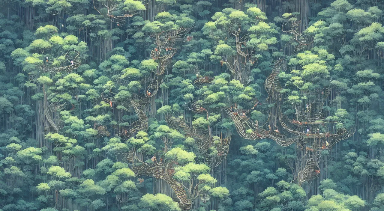 Image similar to aerial view of treetop canopy, intricate, detailed, by studio ghibli and greg rutkowski,