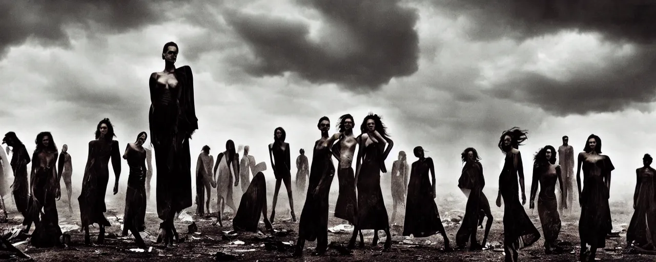 Prompt: a full length portrait of a group of super models, by Lee Jeffries, center spread of a fashion magazine, background wasteland, a storm of dust and nuclear fallout cover faces and landscape, collapsed buildings crumble in background, twisted bodies are seen in silhouette in clawing among the wreakage of their culture, Highly Detailed