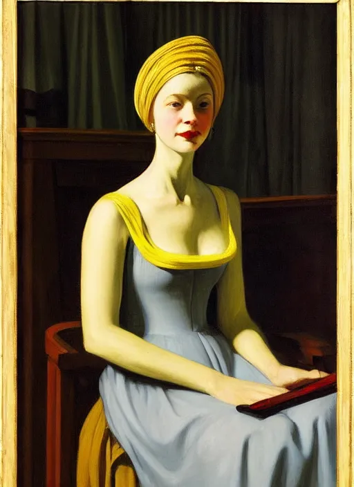 Image similar to portrait of young woman in renaissance dress and renaissance headdress, art by edward hopper