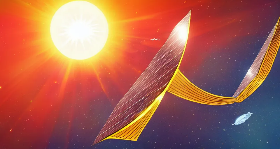 Image similar to solar sail, floating in space between the sun and earth, cartoon illustration