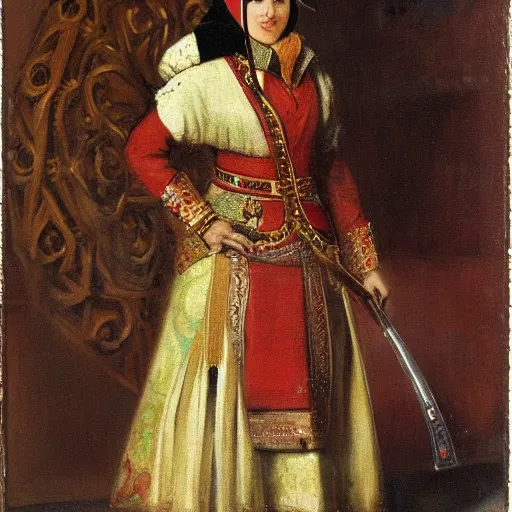 Image similar to a proud female Ottoman Janissary, by Charles Sillem Lidderdale, 4k, brilliant, realism