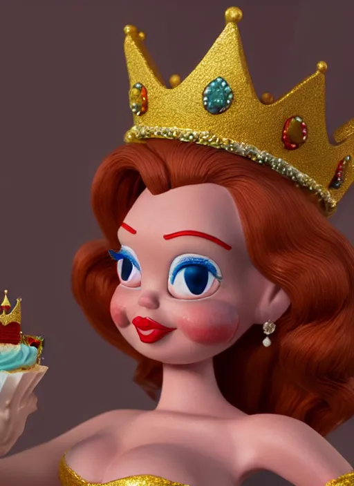 Image similar to highly detailed closeup, face profile portrait of a tin toy jessica rabbit as a fairytale princess wearing a crown eating cakes, bikini, unreal engine, nicoletta ceccoli, mark ryden, earl norem, lostfish, global illumination, detailed and intricate environment