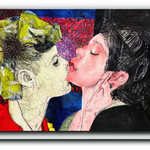 Image similar to mixed media collage of two women kissing, highly detailed, oil paint and canvas texture, punk expressionism