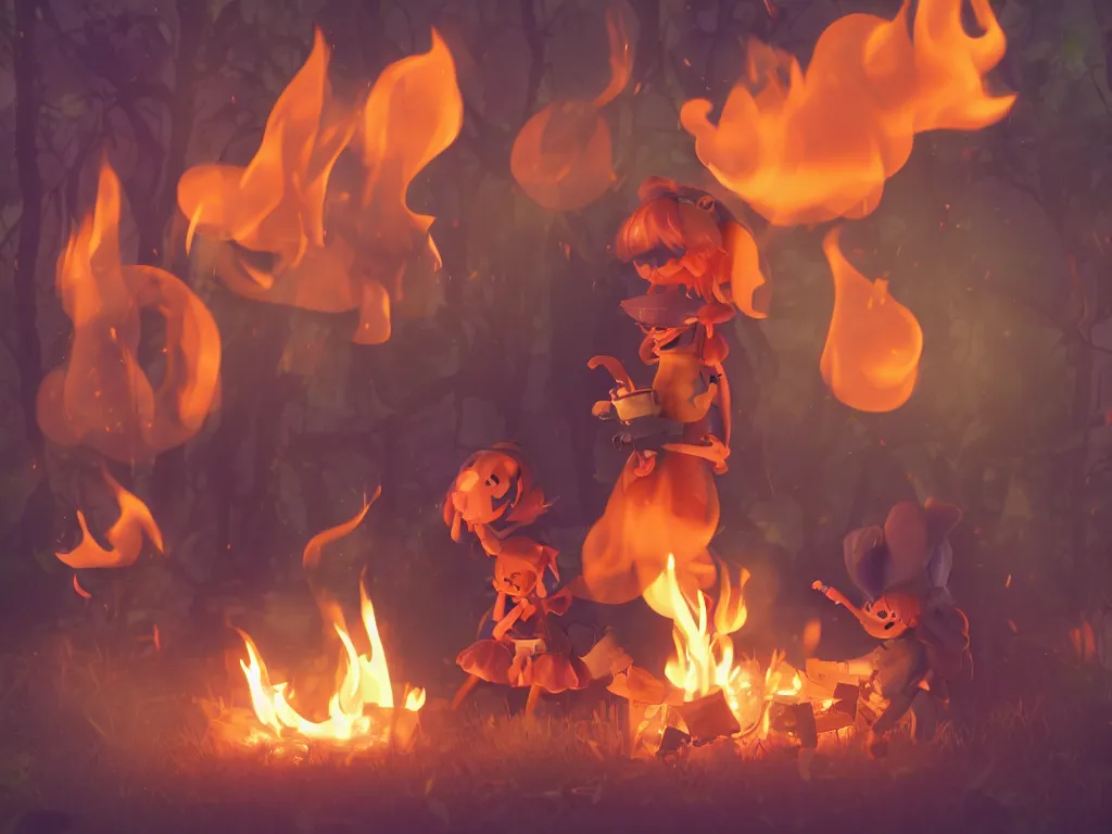 Prompt: cute fumo plush pyromaniac girl giddily starting a fire in the forest, campfire, flames, warm glow and volumetric smoke vortices, vray