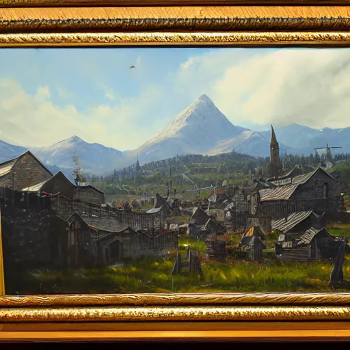 Image similar to the town of whiterun, oil painting