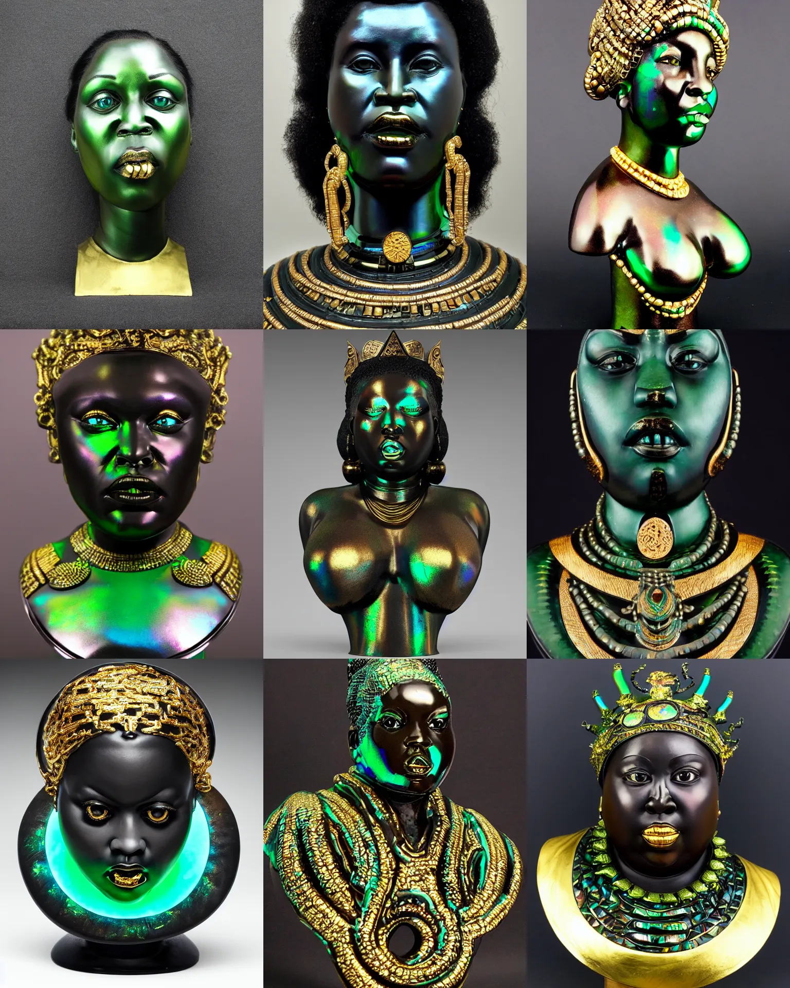 Prompt: intricate slightly iridescent and tanslucent realistic bust sculpture of futuristic digital obese angry beautiful black girl empress, glass and gold and jade, caustics