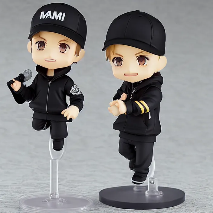 Image similar to a anime nendoroid of Eminem with black cap and black clothes and beard, figurine, product photo, detailed