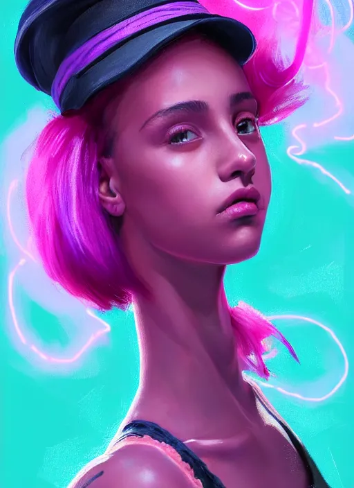 Image similar to portrait of teenage vanessa morgan with bright pink hair, black girl, curly pixie cut hair, wearing a purple breton cap, breton cap, hoop earrings, intricate, elegant, glowing lights, highly detailed, digital painting, artstation, concept art, smooth, sharp focus, illustration, art by wlop, mars ravelo and greg rutkowski