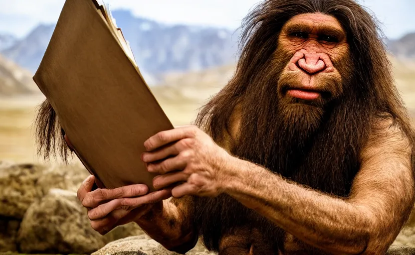 Prompt: made a portrait of neanderthal read science book about him in middle of nowhere, perfect dynamic posture, perfect dynamic pose, perfect dynamic form, pinterest, perfect dynamic position, award winning photo by national geographic, and pulittzer winner, bokeh, reduce duplication interference