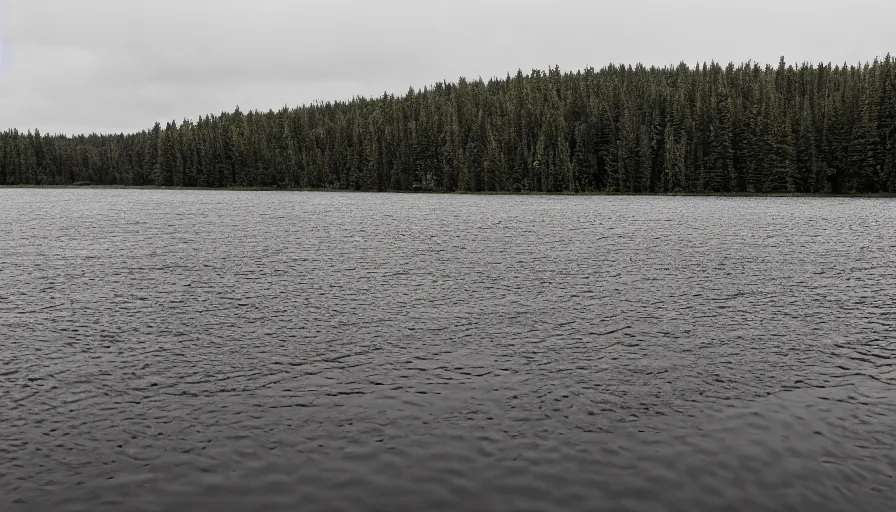 Image similar to photograph of an infinitely long chunky rope floating on the surface of the water, the rope is snaking from the foreground towards the center of the lake, a dark lake on a cloudy day, trees in the background, moody scene, anamorphic lens, kodak color film stock