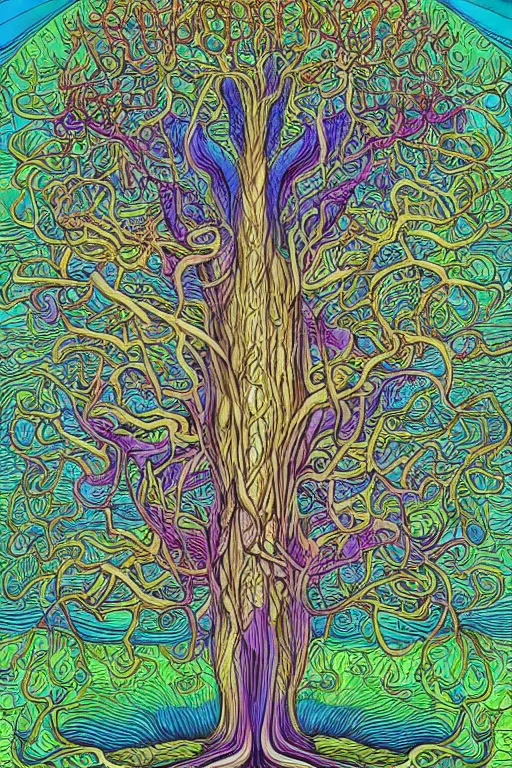 Image similar to a color digital art drawing of a tree with its roots in the water, an illustration of by edgar schofield baum, haeckel and alasdair gray, mushroom ayahuasca iboga art, featured on deviantart, iridescent, ecological art, photoillustration, fractalism, storybook illustration