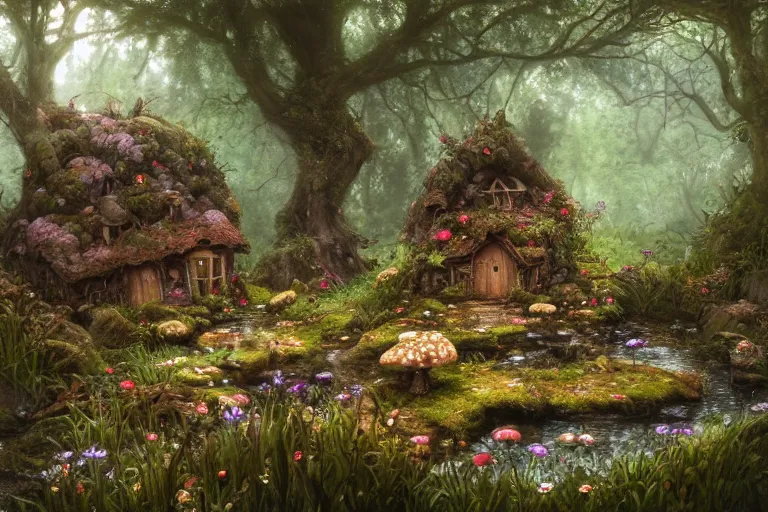 Image similar to wide angle view, a beautiful digital painting of a fairy house by a stream made of rocks and mushrooms, flowers, beautiful tranquil day, by greg rutkowski, brian froud, marc simonetti, jean - baptiste monge, and alphonse mucha, symmetry, complementary colors, ink illustration, trending on artstation