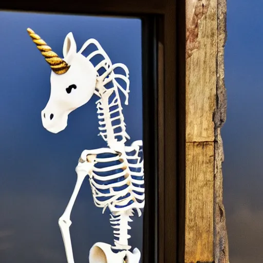 Prompt: Unicorn skeleton standing next to an open window