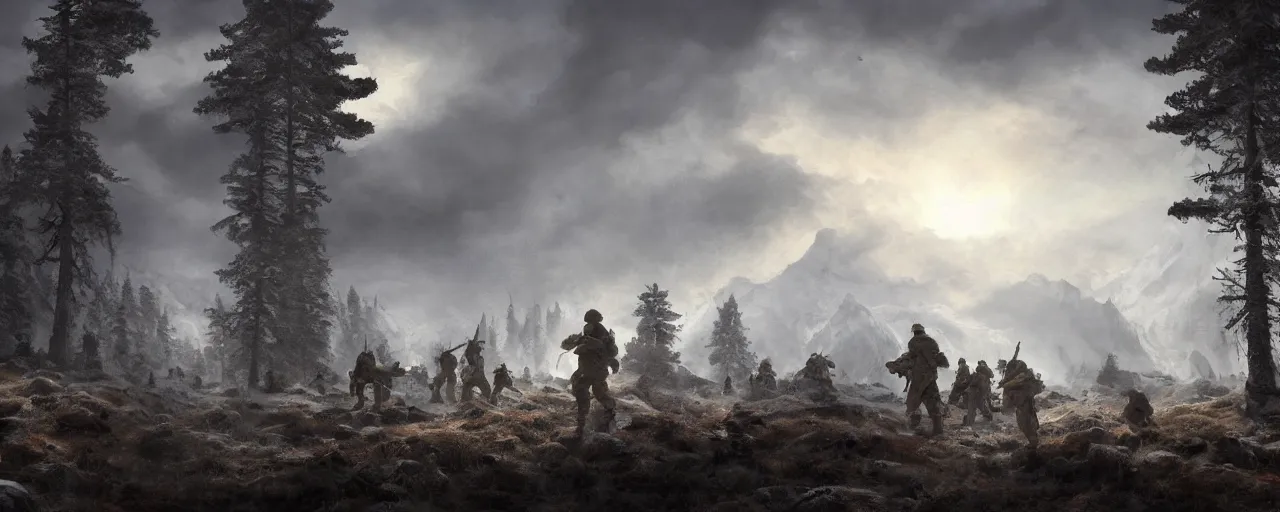 Prompt: wide shot of soldiers with russian hats and long woolen coats in battle with undead monsters in tundra between pine trees underneath big mountains with giant clouds, digital painting by rembrandt, volumetric lighting, concept art, artstation, epic 8 k