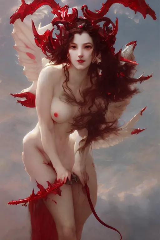 Prompt: Beautiful pale laughing succubus with mechanical wings and devil's horns, red lighting, masterpiece 4k digital illustration by Ruan Jia and Mandy Jurgens and Artgerm and william-adolphe bouguereau, highly detailed, trending on artstation, award winning,