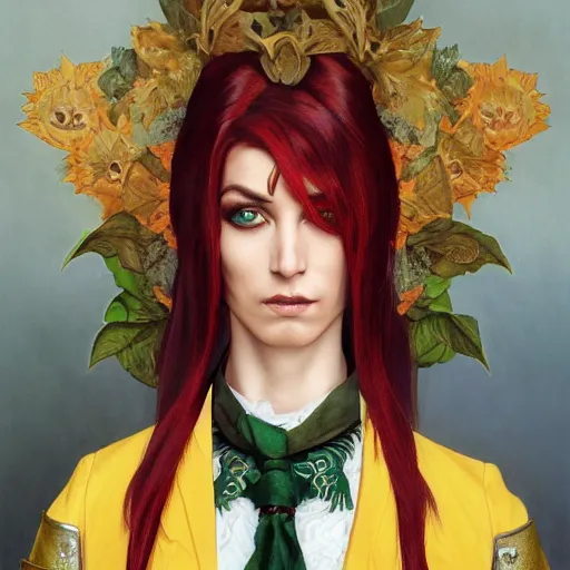 Prompt: a beautiful and androgynous half - elf with almond skin tone and messy short red hair and catlike features with yellow eyes with slit pupils, dressed in a jodhpuri suit, dnd character, golden aura, realistic portrait by ross tran and gerald brom and kehinde wiley and fernando amorsolo and alphonse mucha, trending on artstation