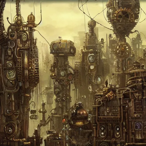 Image similar to robot city, steampunk art, fantasy style, super high detail, super high quality, talented artist, trending on artstation, machinarium