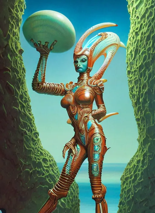 Image similar to photo of a cute alien woman wearing ornate plastic armor in the style of roger dean and alberto vargas and stefan kostic, realistic, sharp focus, 8 k high definition, insanely detailed, intricate, elegant, art by greg rutkowski and artgerm, extreme blur coral reef background