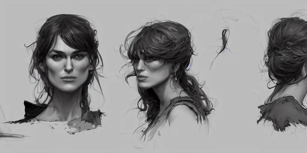 Image similar to cartoonish keira knightley eating dinner, character sheet, fine details, concept design, contrast, kim jung gi, greg rutkowski, trending on artstation, 8 k, full body, turnaround, front view, back view, ultra wide angle