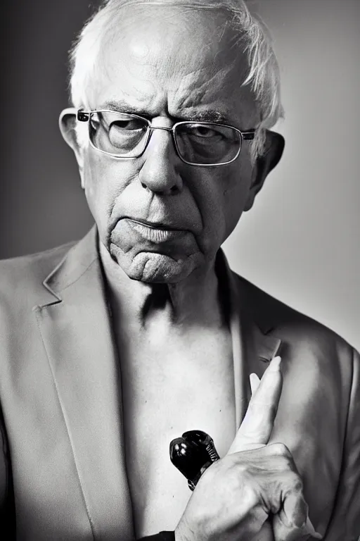 Image similar to a fashion photo portrait of Senator Bernie Sanders, fetish, leather, pvc, medium shot. In the style of Helmut newton, robert maplethorpe, Stefano Brunesci, Lachlan Bailey, Herb Ritts, Ellen Von Unwerth, Haris Nukem, Sardax, Annie Leibovitz. detailed photo, hd, 4k, trending on artstation, b&w, 35mm, f1.8