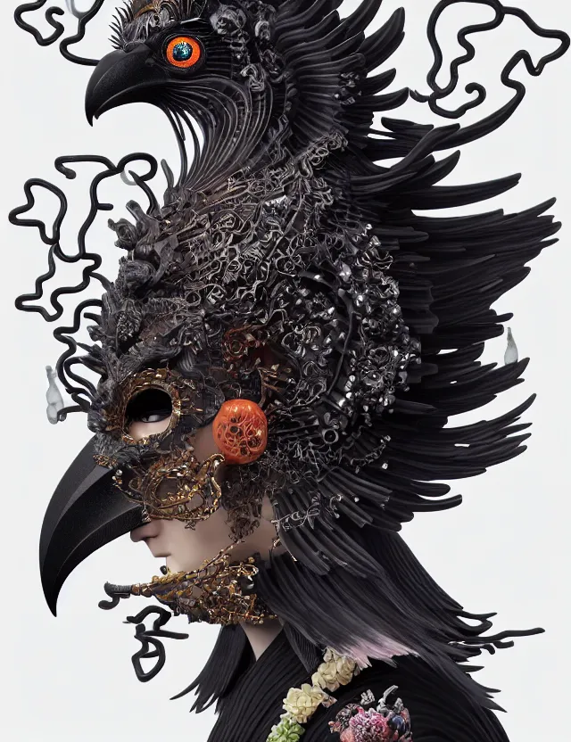 Image similar to 3 d goddess of hell close - up profile portrait with ram skull. beautiful intricately detailed japanese crow kitsune mask and clasical japanese kimono. betta fish, jellyfish phoenix, bio luminescent, plasma, ice, water, wind, creature, artwork by tooth wu and wlop and beeple and greg rutkowski