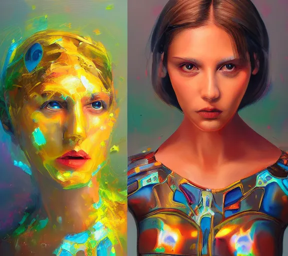 Image similar to two Artificial Intelligence fighting for creating the most impressive art painting, colorful, oil painting, digital art, trending on artstation