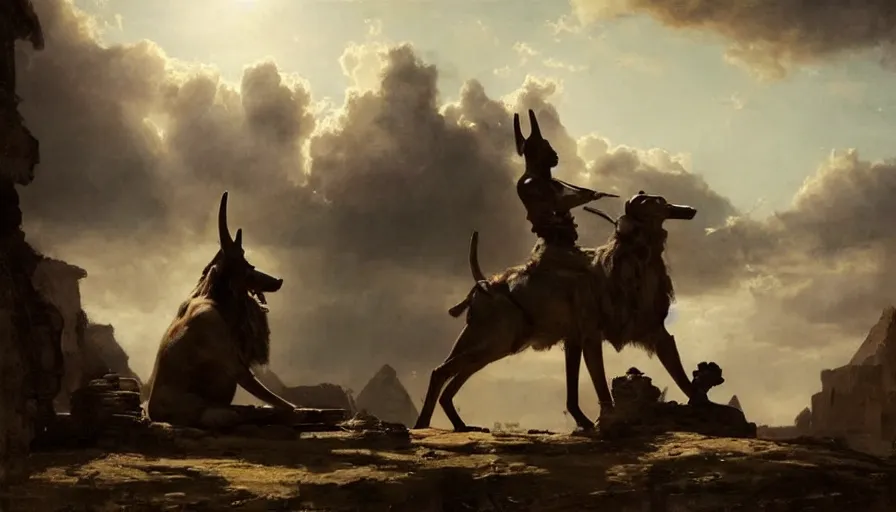 Prompt: beautiful landscape oil matte painting, of ancient egyptian giant satue of anubis, art by anders zorn, wonderful masterpiece by greg rutkowski, beautiful cinematic light, american romanticism, by thomas lawrence, greg rutkowski