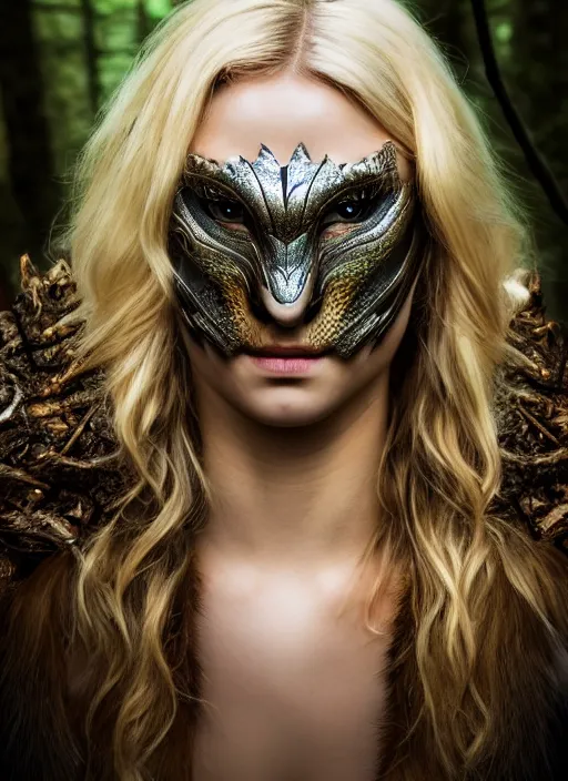 Prompt: photo of a cute blonde girl in a dark forest wearing animal skin armor, realistic, sharp focus, 8 k high definition, insanely detailed, intricate, elegant, artgerm, greg kutkowski, high contrast dramatic lighting