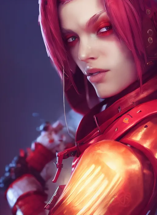 Prompt: vi from arcane, artstation, octane render, by wlop, fortiche, league of legends, fighter, cool red jacket, tattoo, beautiful, 3 d, potrait, art staion, studio light, closeup shot