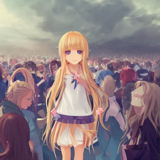 Image similar to a very beautiful anime girl, full body, long wavy blond hair, sky blue eyes, full round face, short smile, cute top, miniskirt, surround by a miniature crowd of people,wallpaper by wlop