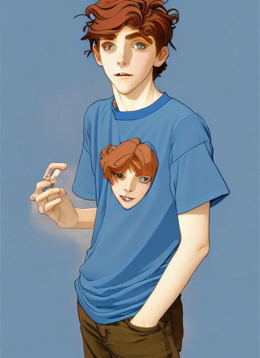 Image similar to art nouveau portrait of a teen boy with completely straight auburn hair, light blue eyes, pale skin, freckles, sad expression, t - shirt, modern casual clothing, natural lighting, path traced, highly detailed, high quality, cartoon, digital painting, by don bluth and ross tran and studio ghibli and alphonse mucha