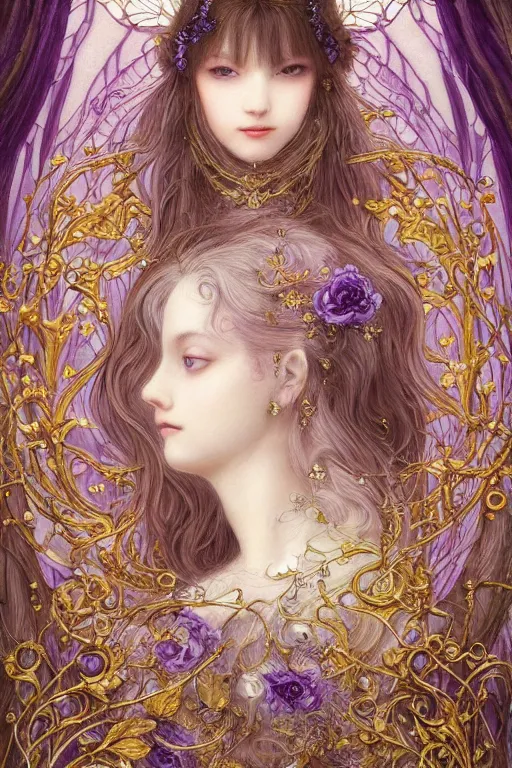 Prompt: breathtaking intricate detailed soft painting of a fairy princess with amethyst jewels in a soft moonlight forest, golden rose dress floating around, detailed symmetrical facial features, by Ayami kojima, loputyn and matcha, art nouveau gold stained glass windows, 8k, concept art, matte, sharp focus, rembrandt style