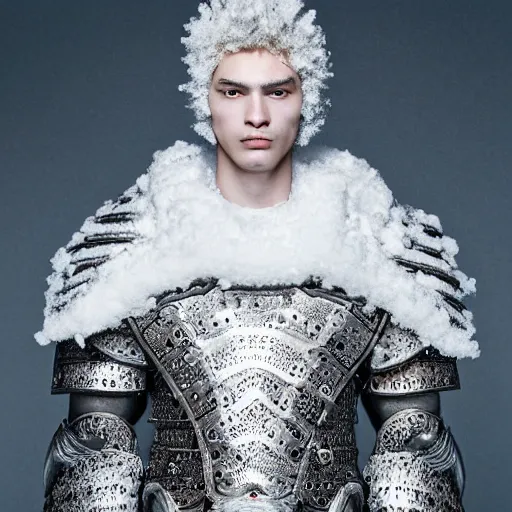 Prompt: a portrait of a beautiful young male wearing an alexander mcqueen armor made of snow , photographed by andrew thomas huang, artistic