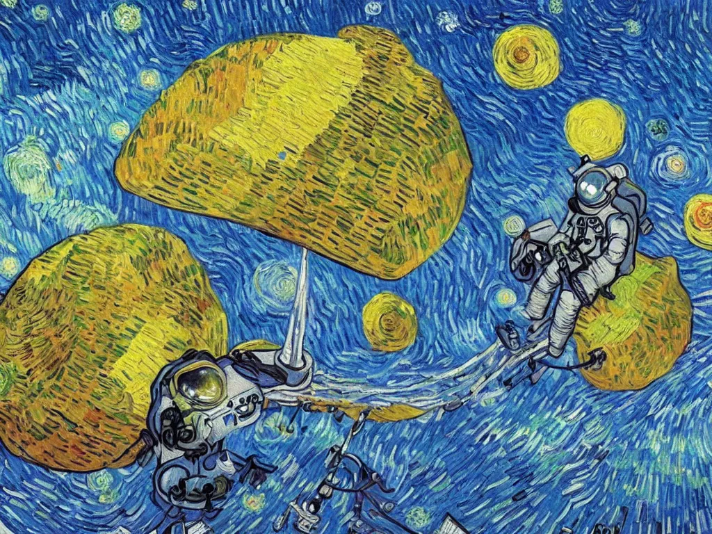 Prompt: bright beautiful oil painting of astronaut lands on a tropical candy planet, light scatter, van gogh