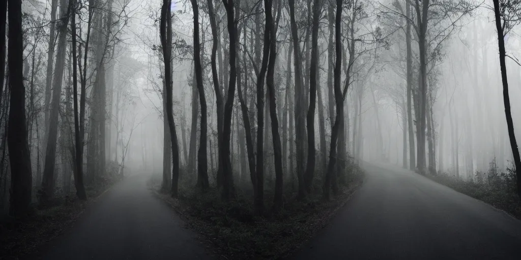 Prompt: road between tall trees, dense forest, dark night, fog, cold light